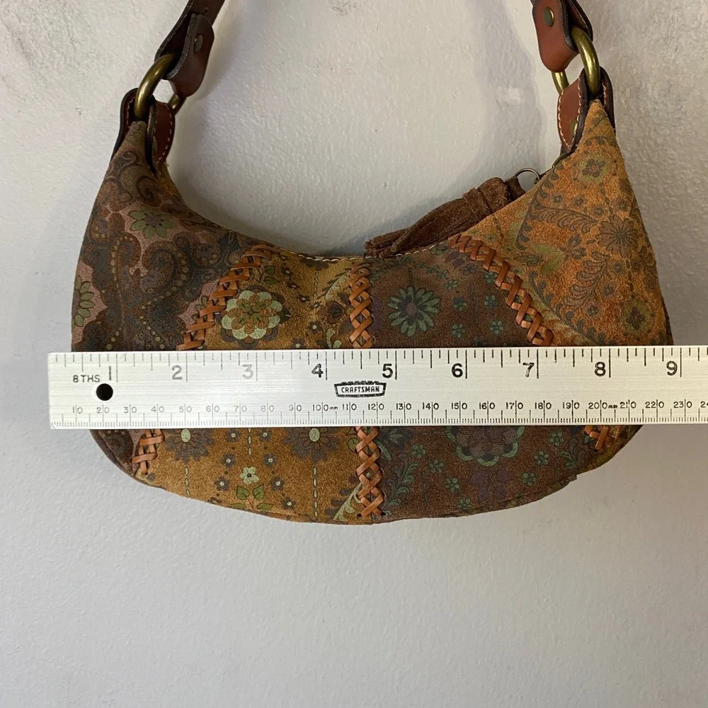 Floral Paisley Patchwork Suede Hobo Bag Tassel Whipstitch Brown Boho Bag